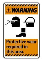 panneau d'avertissement, des vêtements de protection sont requis dans cette zone. avec des lunettes, un casque et des symboles de bottes sur fond blanc vecteur