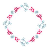 Noël à la main Couronne dessinée rouge et bleu des éléments de conception d&#39;hiver floral isolés sur fond blanc pour design rétro s&#39;épanouir Calligraphie de vecteur et lettrage