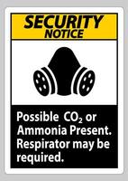 avis de sécurité signe ppe possible présence de co2 ou d'ammoniac, un respirateur peut être nécessaire vecteur