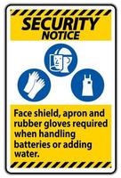 panneau d'avertissement de sécurité écran facial, tablier et gants en caoutchouc requis lors de la manipulation des batteries ou de l'ajout d'eau avec des symboles EPI vecteur
