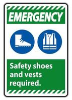 Signe d'urgence chaussures de sécurité et gilet requis avec symboles ppe sur fond blanc vecteur
