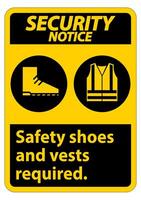 Avis de sécurité signer des chaussures de sécurité et un gilet requis avec des symboles ppe sur fond blanc, illustration vectorielle vecteur