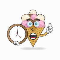 personnage de mascotte de crème glacée tenant une horloge murale. illustration vectorielle vecteur