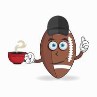 personnage de mascotte de football américain tenant une tasse de café chaud. illustration vectorielle vecteur