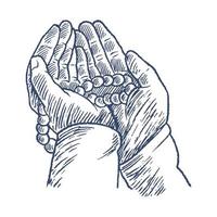 mains en prière avec chapelet, vecteur de croquis de gravure vintage dessinés à la main