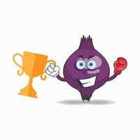 le personnage mascotte de l'oignon violet remporte un trophée de boxe. illustration vectorielle vecteur