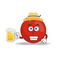 le personnage mascotte de la tomate tient un verre rempli d'une boisson. illustration vectorielle vecteur