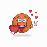 personnage de mascotte de basket-ball tenant une icône d'amour. illustration vectorielle vecteur