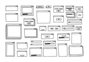 vecteur ensemble collection de main tiré ui utilisateur interface contour griffonnage dessin noir et blanc avec Vide fenêtre, chargement bar, chercher bar, et empilés fenêtre