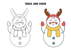 trace et colorie un joli bonhomme de neige. feuille de travail pour les enfants. vecteur