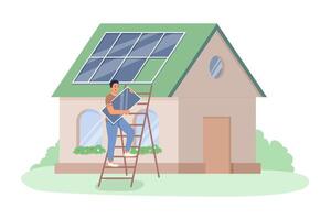 homme connecte solaire ferme à maison toit. vert énergie la source dans tous les jours la vie vecteur