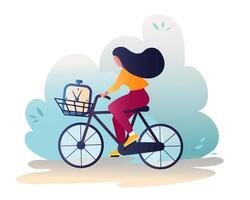 femelle équitation bicyclette avec l'horloge dans panier dans parc. temps la gestion illustration vecteur