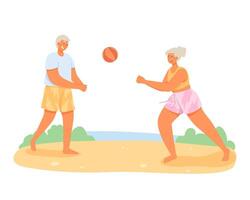 adulte couple repos près rivière. homme et femme en jouant Balle sur rive plage vecteur