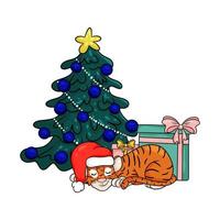 joyeux noël et carte de voeux de nouvel an. tigre en bonnet rouge dort sous l'arbre de noël avec des cadeaux. style de dessin animé illustration vectorielle vecteur