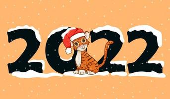 bonne année 2022 conception de texte avec style dessin animé avec des tigres. le symbole de l'année selon le calendrier chinois. brochure de conception, modèle, carte postale, bannière. illustration vectorielle. vecteur