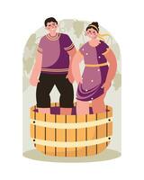 homme et femme écrasement baies avec pieds dans panier. du vin production industrie vecteur