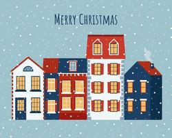 carte de voeux de noël et du nouvel an avec de jolies maisons et fond de neige. illustration vectorielle dans un style plat vecteur