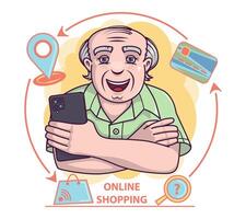 souriant vieux Masculin en utilisant téléphone intelligent à magasin en ligne. payant avec crédit carte, sans argent concept vecteur