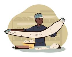 américain Masculin dans uniforme prépare pâte pour Pizza. dessin animé personnage dans uniforme cuisine sur cuisine vecteur