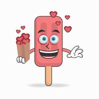personnage de mascotte de crème glacée rouge tenant une icône d'amour. illustration vectorielle vecteur