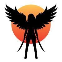 silhouette guerrier femme avec épée le sable ailes. sur une Contexte rouge Soleil. vecteur