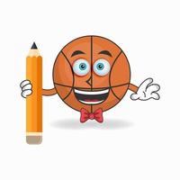 personnage de mascotte de basket-ball tenant un crayon. illustration vectorielle vecteur