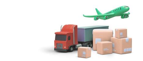 composition de 3d avion, camion, pile de des boites. vecteur illustration pour La publicité transport