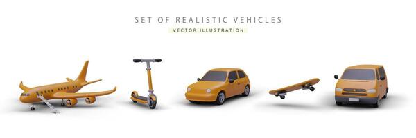 ensemble de réaliste 3d Jaune voiture, bus, avion, planche à roulette et donner un coup scooter. affiche avec Véhicules vecteur