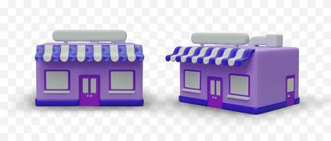 violet 3d bâtiments, à la mode magasins dans dessin animé style. de face et côté vue vecteur