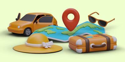 monde carte, voiture avec ouvert des portes, vacancier accessoires, valise, des lunettes de soleil vecteur