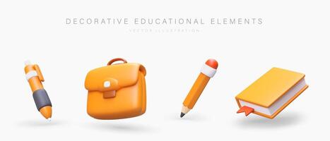 ensemble de 3d Icônes, accessoires pour apprentissage. à bille stylo, mallette, crayon, livre vecteur