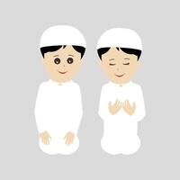 content musulman garçon dessin animé personnage vecteur. musulman garçon prier, peu musulman enfant différent pose et ressentir paix. vecteur