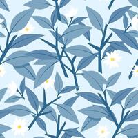 sans couture rétro modèle de bleu feuilles avec branches et petit blanc fleurs vecteur