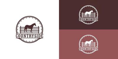 cheval silhouette derrière en bois clôture paddock pour ancien rétro rustique campagne occidental pays ferme ranch logo conception présenté avec plusieurs Contexte couleurs. le logo est adapté pour ferme logo vecteur