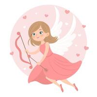 mignonne fille Cupidon personnage avec arc et flèche, ange fille. la Saint-Valentin journée carte, pastel couleurs. vecteur illustration dans plat dessin animé style