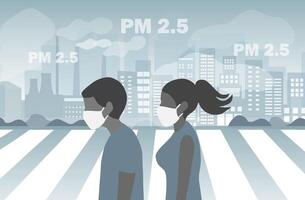 couple portant visage masques tor protéger pm 2,5 fumée, poussière et air la pollution dans ville, usine tuyaux et industriel smog vecteur illustration. environnement et air la pollution