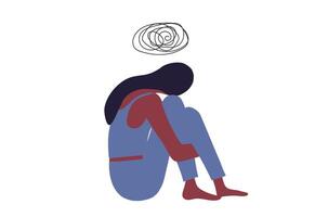 triste et déprimé femme étreinte sa le genou séance sur fenêtre.malheureux et stressé, psychologie, dépression, stress, mental santé.et solitude vecteur illustration.