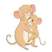 deux mignonne beige souris étreindre. maman Souris détient bébé dans bras. vecteur main tiré puéril illustration isolé sur blanc