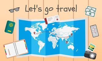 Voyage et tourisme concept avec papier carte, numérique caméra, passeport, billet, des lunettes de soleil, téléphone intelligent, argent, et carnet. vecteur illustration.