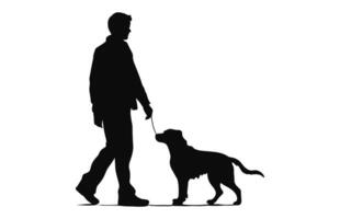 Hommes en marchant avec chien noir silhouette vecteur isolé sur une blanc Contexte