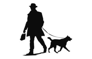 Hommes en marchant avec chien noir silhouette vecteur isolé sur une blanc Contexte