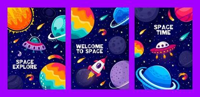 dessin animé espace paysage affiche, extraterrestre, fusée, OVNI vecteur