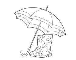 parapluie et caoutchouc bottes. conception élément. noir et blanc contour illustration pour coloration livre vecteur