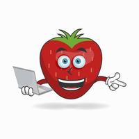 personnage mascotte fraise avec ordinateur portable dans la main droite. illustration vectorielle vecteur