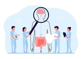 connexion de la santé du cerveau humain et de l'intestin intestinal. le médecin contrôle les organes de la relation, le deuxième cerveau de l'intestin. régulation de l'unité, interaction de la personne du système mental et digestif, équilibre des émotions. vecteur