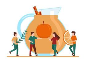 les gens font du jus, des smoothies diététiques, des boissons réchauffantes à base d'orange, de pomme, d'herbes et d'épices. boisson d'automne aux fruits dans un pot en verre pour le bénéfice et le plaisir. illustration vectorielle vecteur