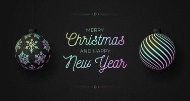 boule de boule de papier holographique de carte de voeux de noël. joyeux noël et bonne année bannière avec une couleur d'ombre au néon holographique à dégradé de boule festive réaliste irisée. illustration vectorielle vecteur