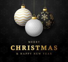 carte de noël de golf. carte de voeux de joyeux noël sport. accrocher sur une balle de golf de fil comme une boule de Noël et une boule dorée sur fond horizontal noir. illustration vectorielle sportive. vecteur