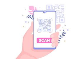 scanner de code qr pour le paiement en ligne, le paiement électronique et le transfert d'argent sur smartphone avec application en main. illustration vectorielle de fond vecteur