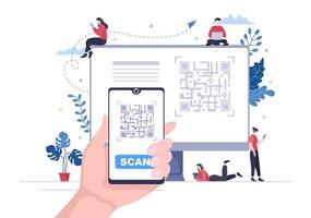 scanner de code qr pour le paiement en ligne, le paiement électronique et le transfert d'argent sur smartphone avec application en main. illustration vectorielle de fond vecteur